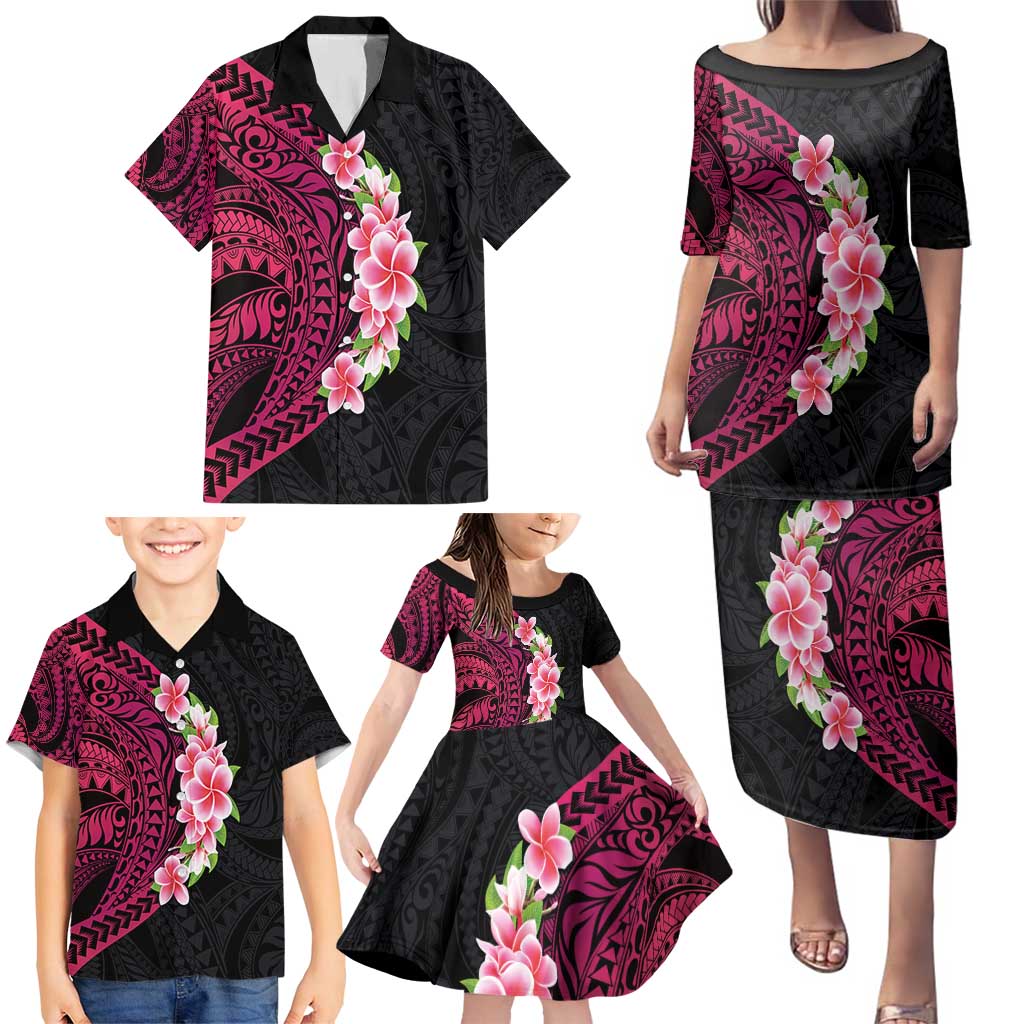 Hawaiian Tropical Plumeria Art Polynesian Tattoo Family Matching Puletasi and Hawaiian Shirt Black and Bright Pink Color LT03 - Polynesian Pride