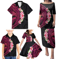 Hawaiian Tropical Plumeria Art Polynesian Tattoo Family Matching Puletasi and Hawaiian Shirt Black and Bright Pink Color LT03 - Polynesian Pride