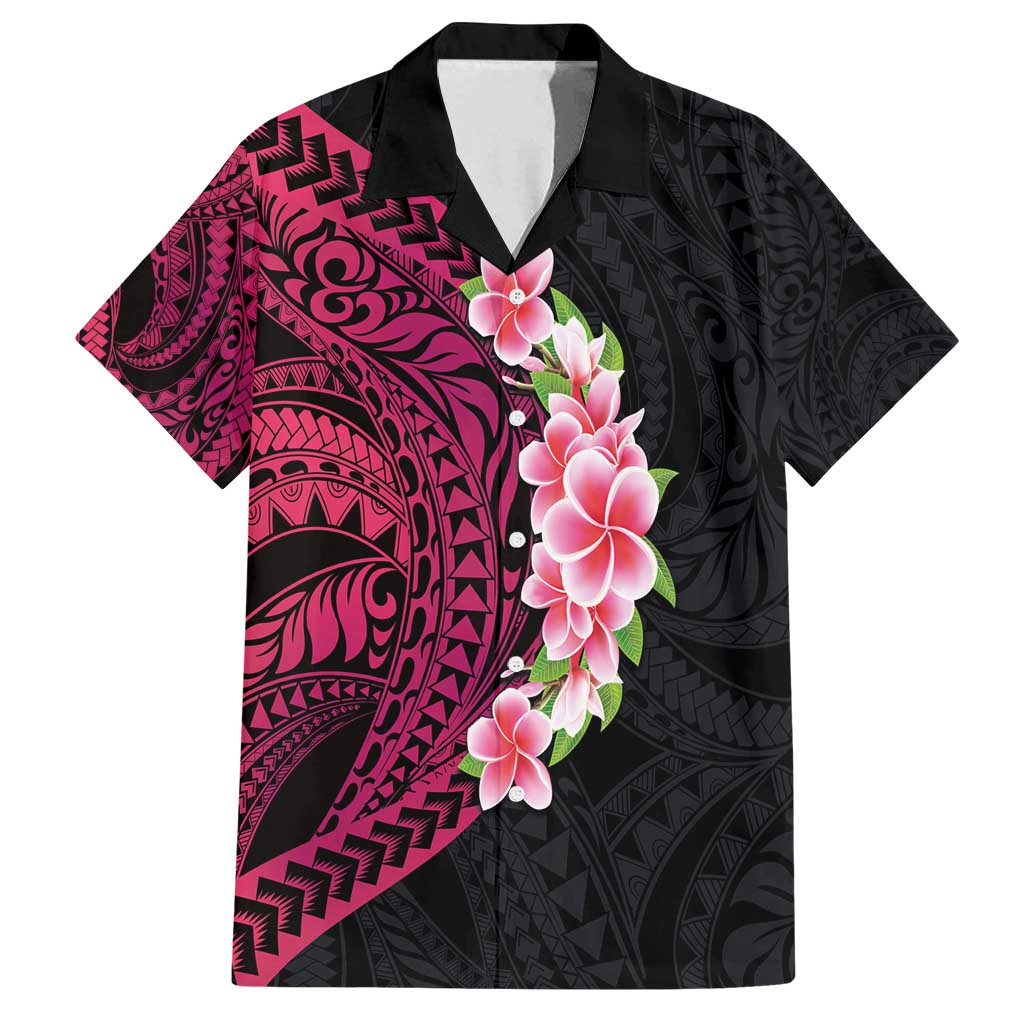 Hawaiian Tropical Plumeria Art Polynesian Tattoo Family Matching Puletasi and Hawaiian Shirt Black and Bright Pink Color LT03 Dad's Shirt - Short Sleeve Pink - Polynesian Pride