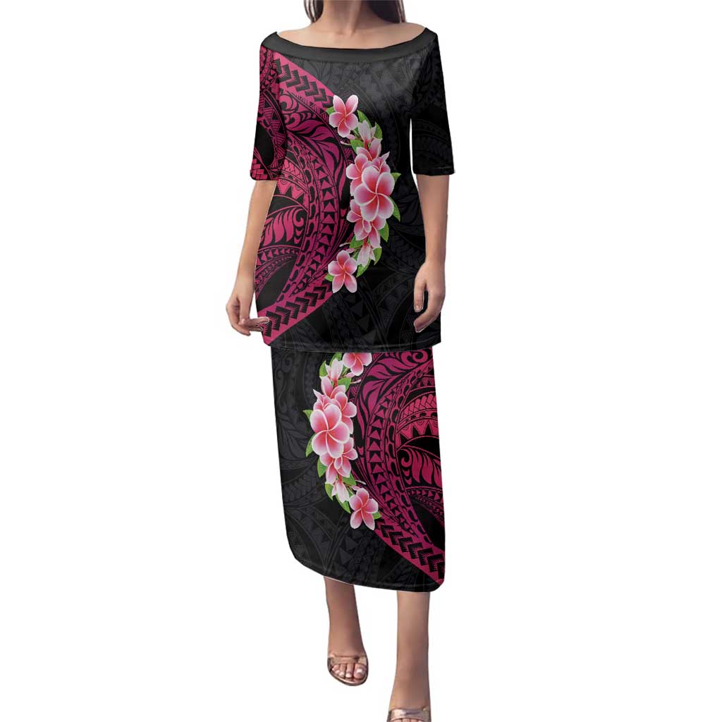 Hawaiian Tropical Plumeria Art Polynesian Tattoo Family Matching Puletasi and Hawaiian Shirt Black and Bright Pink Color LT03 Mom's Dress Pink - Polynesian Pride