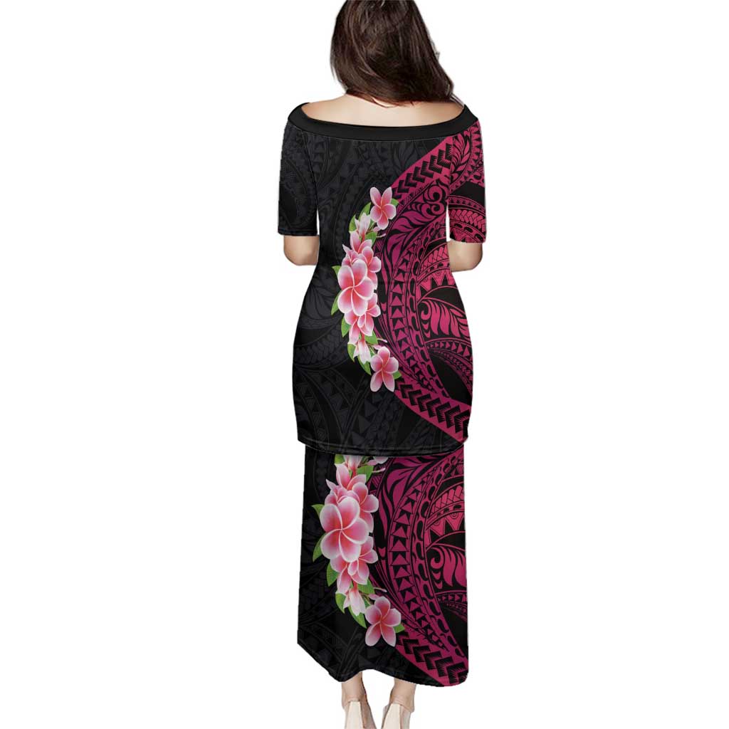 Hawaiian Tropical Plumeria Art Polynesian Tattoo Family Matching Puletasi and Hawaiian Shirt Black and Bright Pink Color LT03 - Polynesian Pride