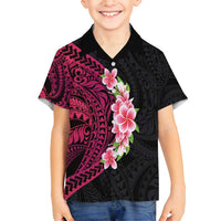 Hawaiian Tropical Plumeria Art Polynesian Tattoo Family Matching Puletasi and Hawaiian Shirt Black and Bright Pink Color LT03 Son's Shirt Pink - Polynesian Pride