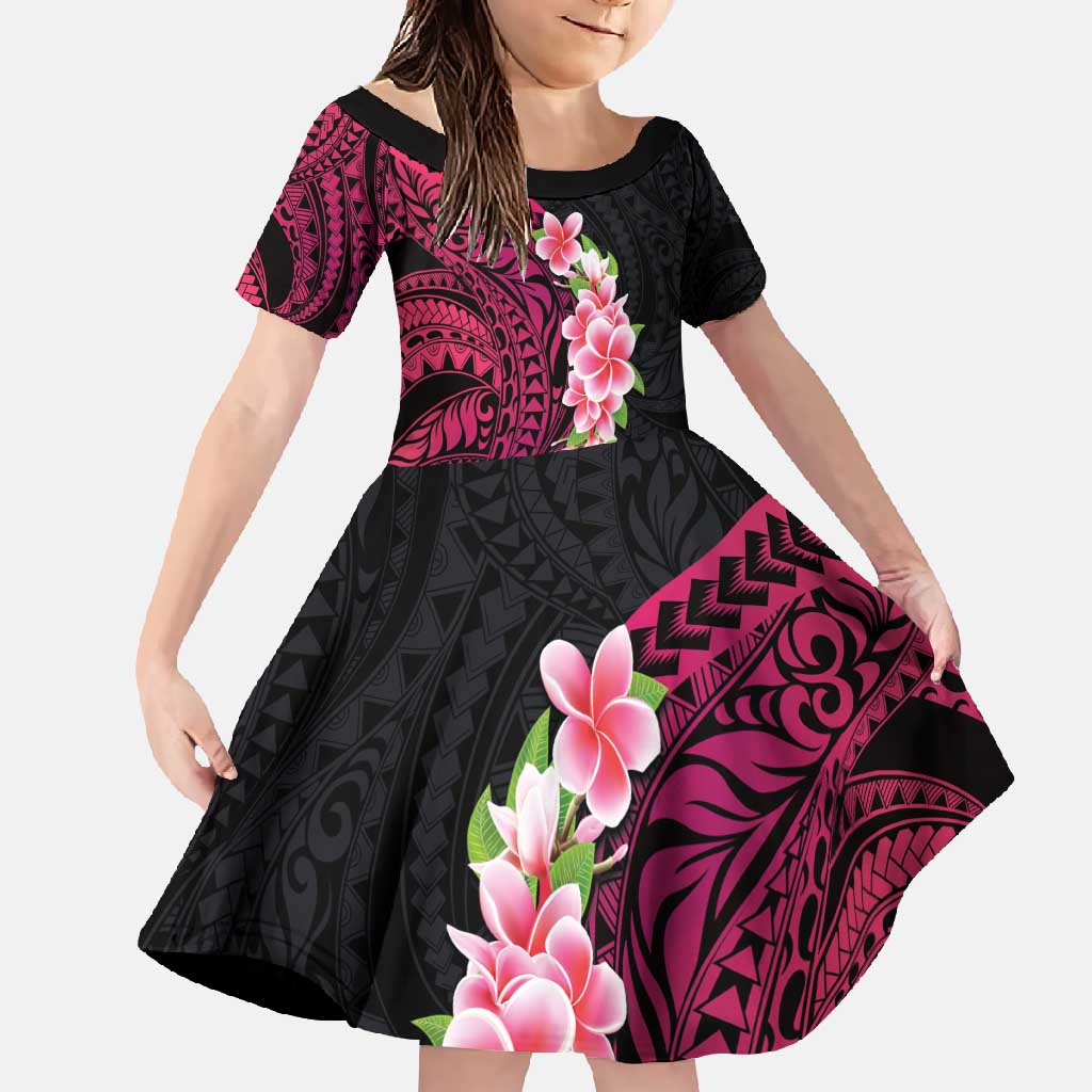 Hawaiian Tropical Plumeria Art Polynesian Tattoo Family Matching Short Sleeve Bodycon Dress and Hawaiian Shirt Black and Bright Pink Color LT03 Daughter's Dress Pink - Polynesian Pride