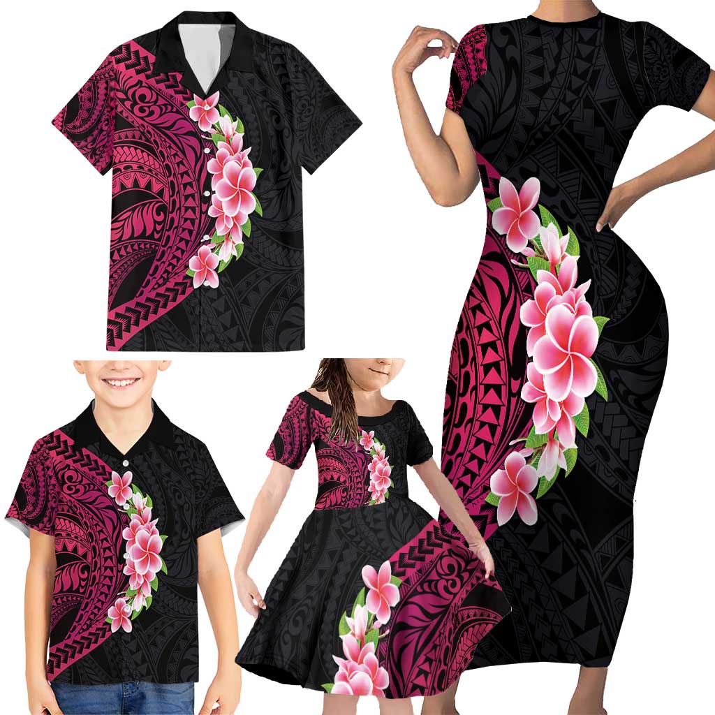 Hawaiian Tropical Plumeria Art Polynesian Tattoo Family Matching Short Sleeve Bodycon Dress and Hawaiian Shirt Black and Bright Pink Color LT03 - Polynesian Pride
