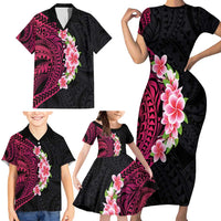 Hawaiian Tropical Plumeria Art Polynesian Tattoo Family Matching Short Sleeve Bodycon Dress and Hawaiian Shirt Black and Bright Pink Color LT03 - Polynesian Pride