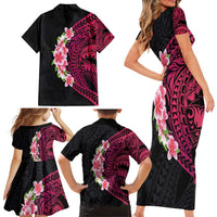 Hawaiian Tropical Plumeria Art Polynesian Tattoo Family Matching Short Sleeve Bodycon Dress and Hawaiian Shirt Black and Bright Pink Color LT03 - Polynesian Pride