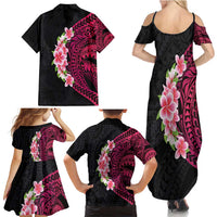 Hawaiian Tropical Plumeria Art Polynesian Tattoo Family Matching Summer Maxi Dress and Hawaiian Shirt Black and Bright Pink Color LT03 - Polynesian Pride