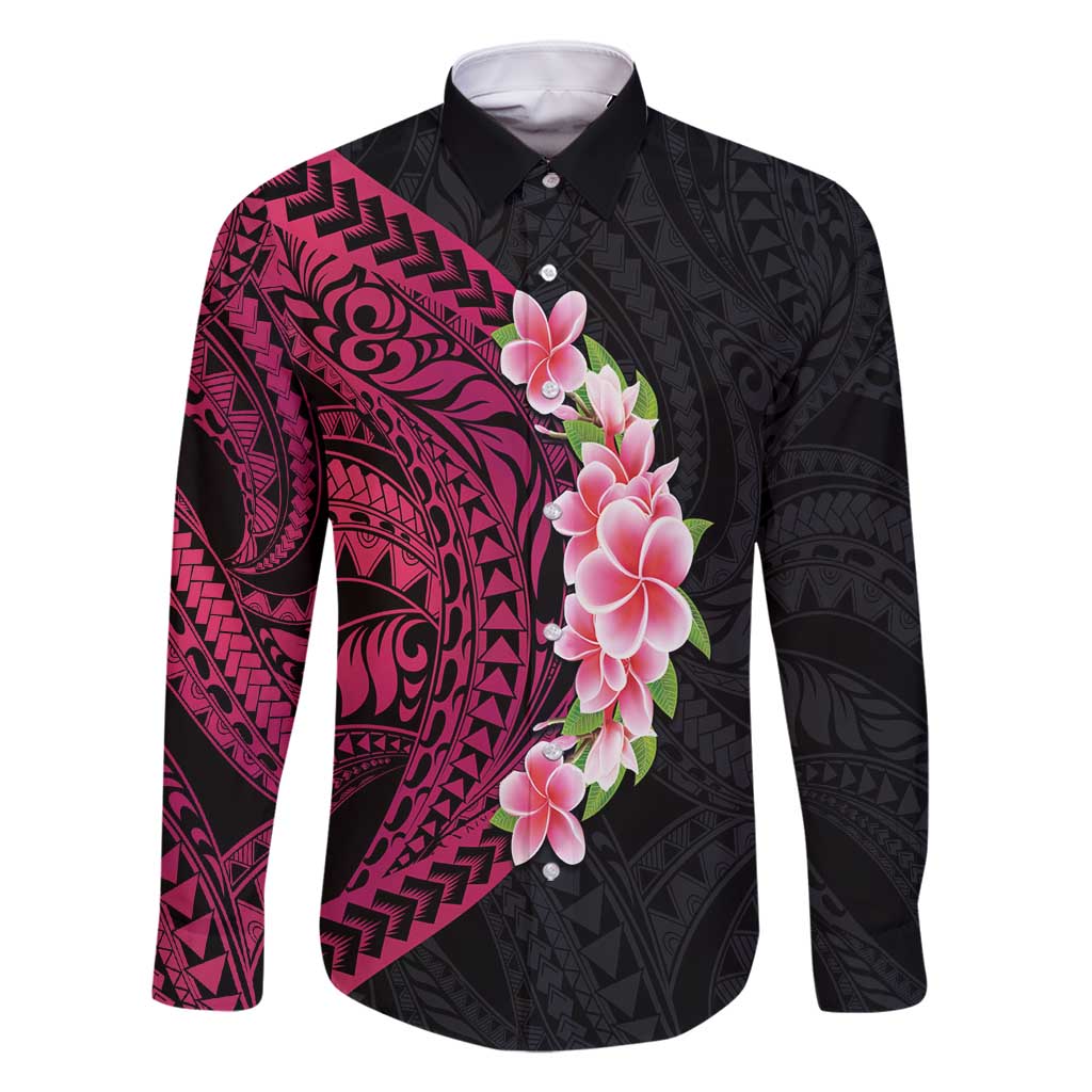 Hawaiian Tropical Plumeria Art Polynesian Tattoo Family Matching Summer Maxi Dress and Hawaiian Shirt Black and Bright Pink Color LT03 Dad's Shirt - Long Sleeve Pink - Polynesian Pride