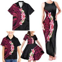 Hawaiian Tropical Plumeria Art Polynesian Tattoo Family Matching Tank Maxi Dress and Hawaiian Shirt Black and Bright Pink Color LT03 - Polynesian Pride