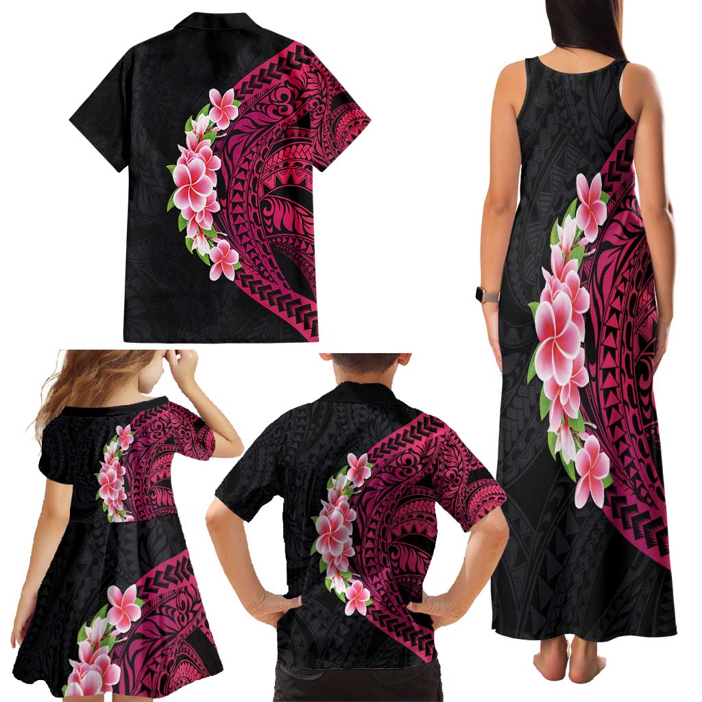 Hawaiian Tropical Plumeria Art Polynesian Tattoo Family Matching Tank Maxi Dress and Hawaiian Shirt Black and Bright Pink Color LT03 - Polynesian Pride
