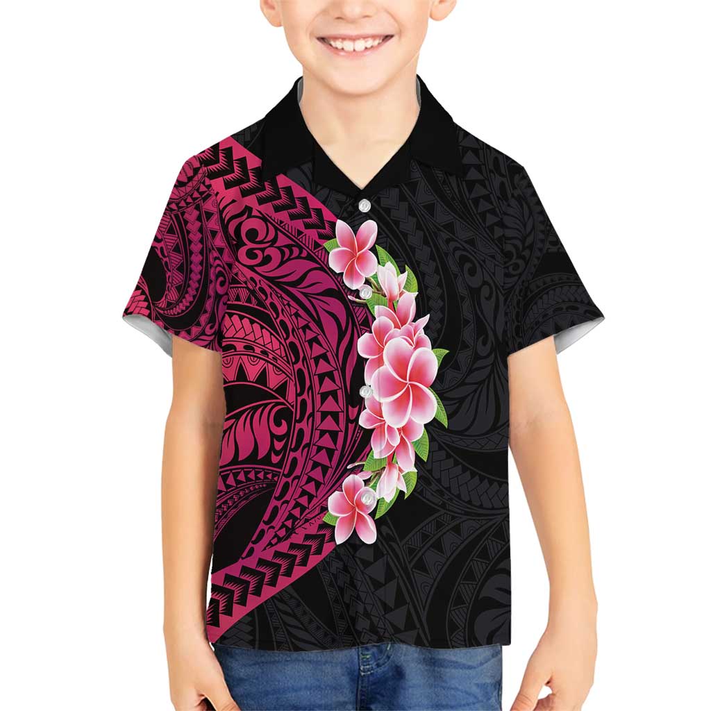 Hawaiian Tropical Plumeria Art Polynesian Tattoo Family Matching Tank Maxi Dress and Hawaiian Shirt Black and Bright Pink Color LT03 Son's Shirt Pink - Polynesian Pride