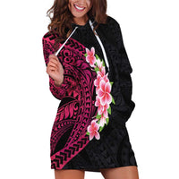 Hawaiian Tropical Plumeria Art Polynesian Tattoo Hoodie Dress Black and Bright Pink Color LT03 Pink - Polynesian Pride