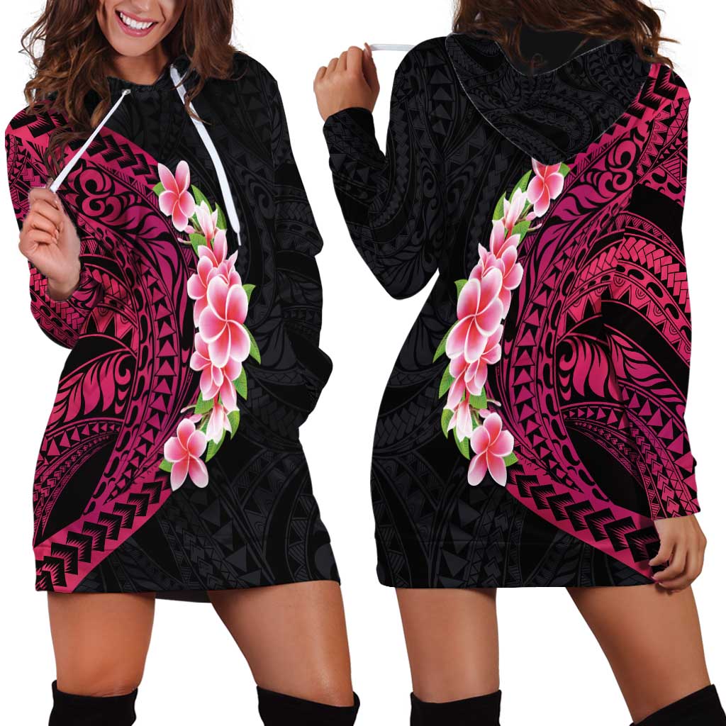 Hawaiian Tropical Plumeria Art Polynesian Tattoo Hoodie Dress Black and Bright Pink Color LT03 - Polynesian Pride
