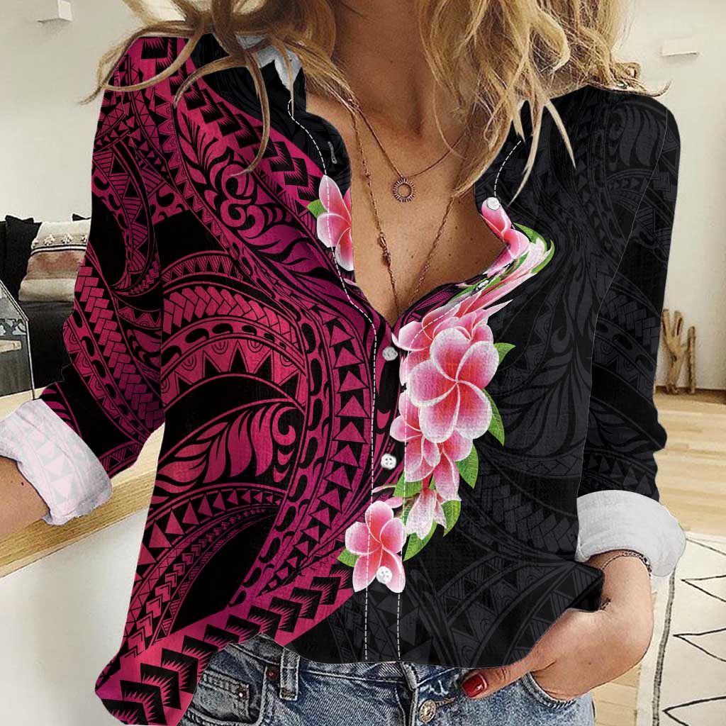 Hawaiian Tropical Plumeria Art Polynesian Tattoo Women Casual Shirt Black and Bright Pink Color LT03 Female Pink - Polynesian Pride
