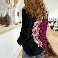 Hawaiian Tropical Plumeria Art Polynesian Tattoo Women Casual Shirt Black and Bright Pink Color LT03 - Polynesian Pride