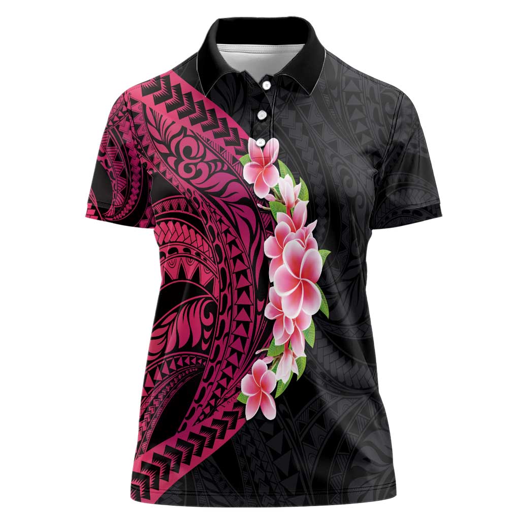 Hawaiian Tropical Plumeria Art Polynesian Tattoo Women Polo Shirt Black and Bright Pink Color LT03 Female Pink - Polynesian Pride