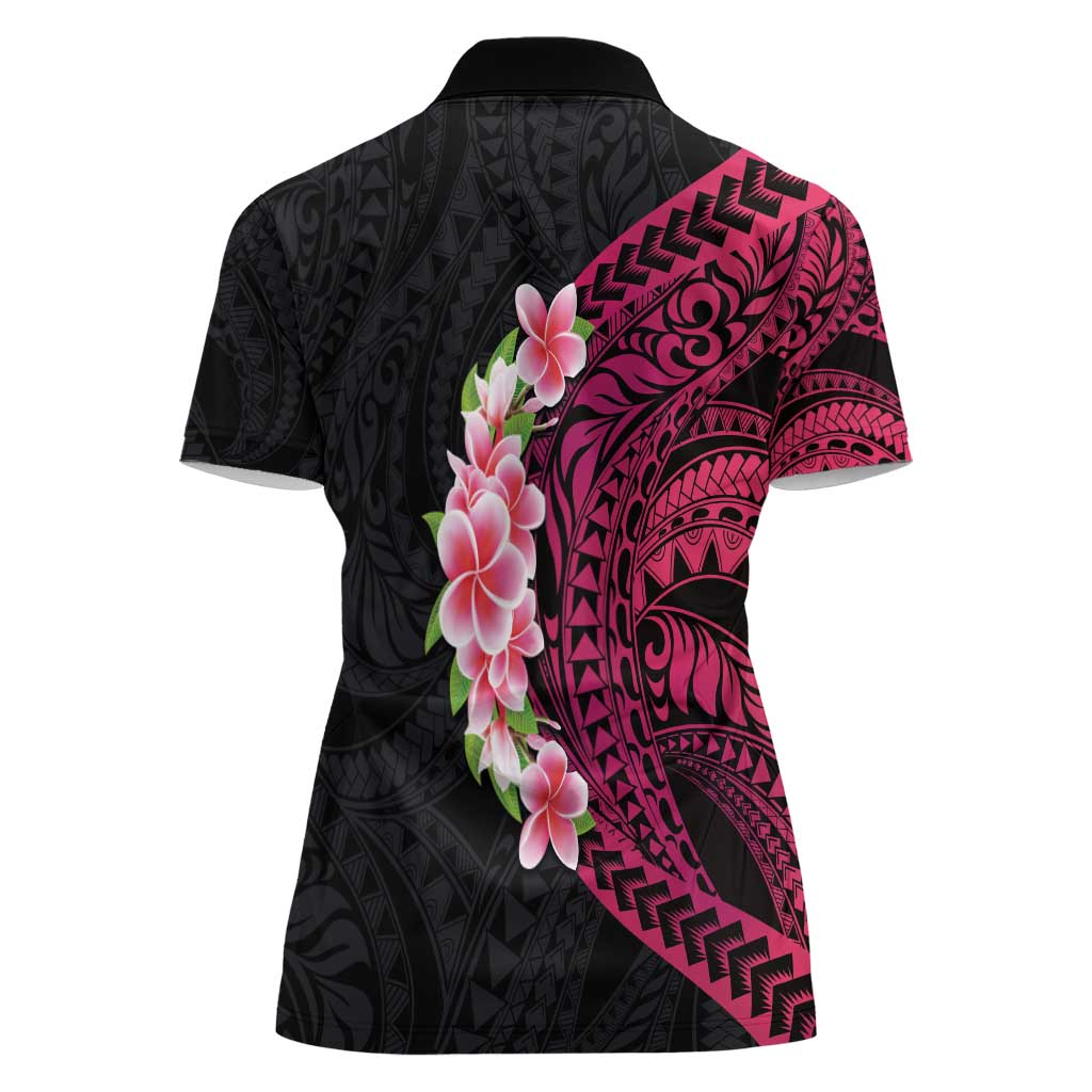 Hawaiian Tropical Plumeria Art Polynesian Tattoo Women Polo Shirt Black and Bright Pink Color LT03 - Polynesian Pride