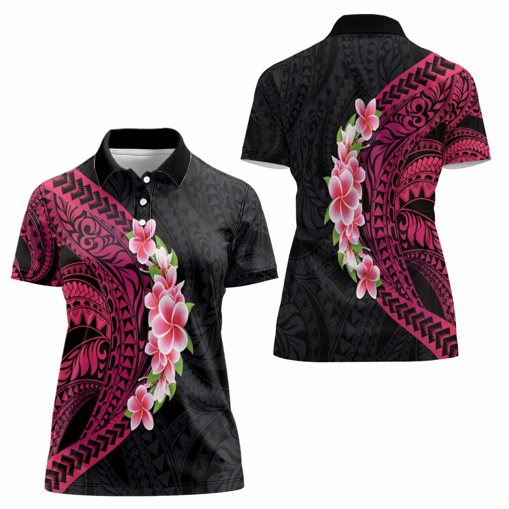 Hawaiian Tropical Plumeria Art Polynesian Tattoo Women Polo Shirt Black and Bright Pink Color LT03 - Polynesian Pride