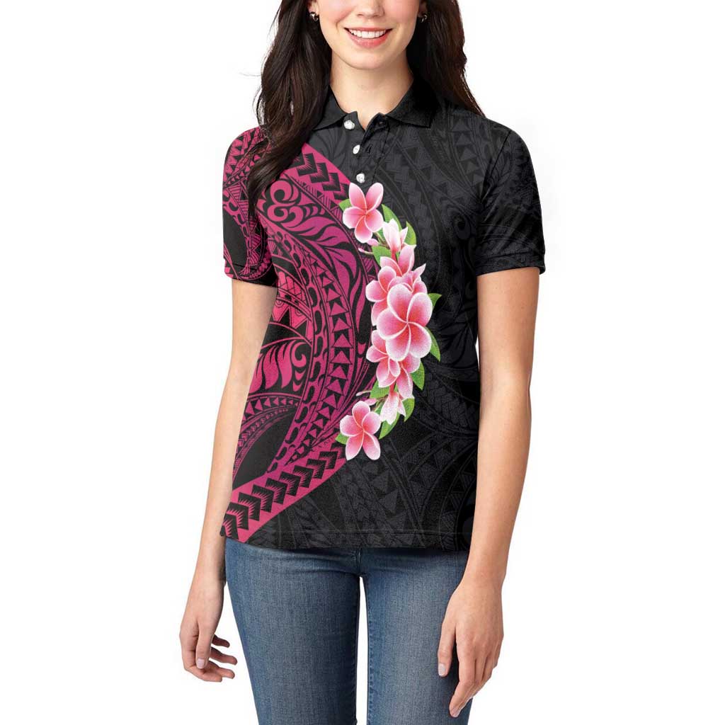 Hawaiian Tropical Plumeria Art Polynesian Tattoo Women Polo Shirt Black and Bright Pink Color LT03 - Polynesian Pride