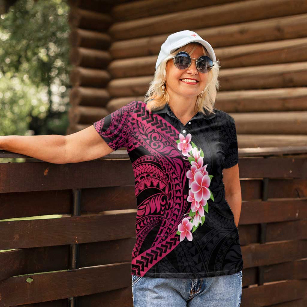 Hawaiian Tropical Plumeria Art Polynesian Tattoo Women Polo Shirt Black and Bright Pink Color LT03 - Polynesian Pride