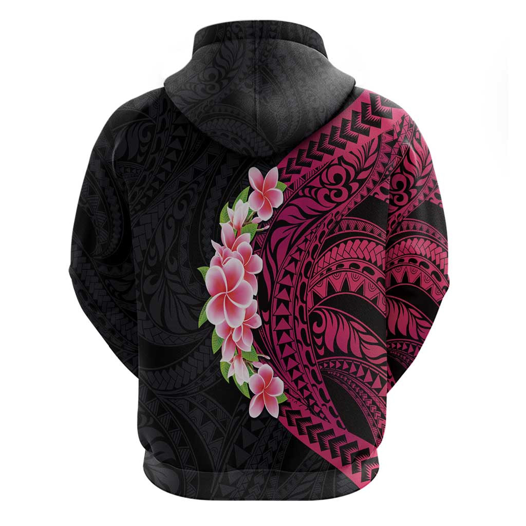 Hawaiian Tropical Plumeria Art Polynesian Tattoo Zip Hoodie Black and Bright Pink Color
