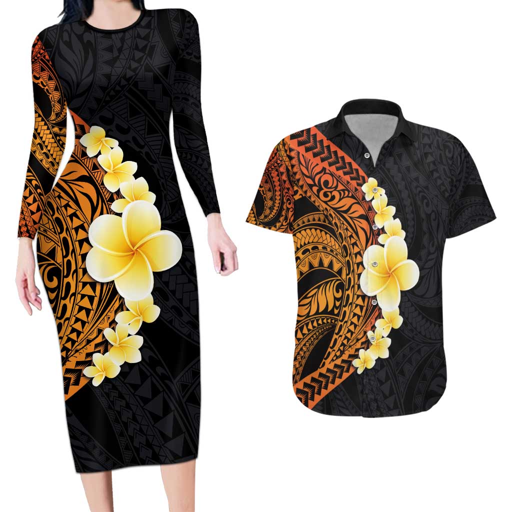 Hawaiian Tropical Plumeria Art Polynesian Tattoo Couples Matching Long Sleeve Bodycon Dress and Hawaiian Shirt Black and Autumn Color Theme LT03 Orange - Polynesian Pride