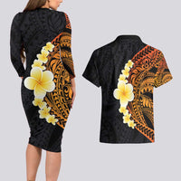 Hawaiian Tropical Plumeria Art Polynesian Tattoo Couples Matching Long Sleeve Bodycon Dress and Hawaiian Shirt Black and Autumn Color Theme LT03 - Polynesian Pride
