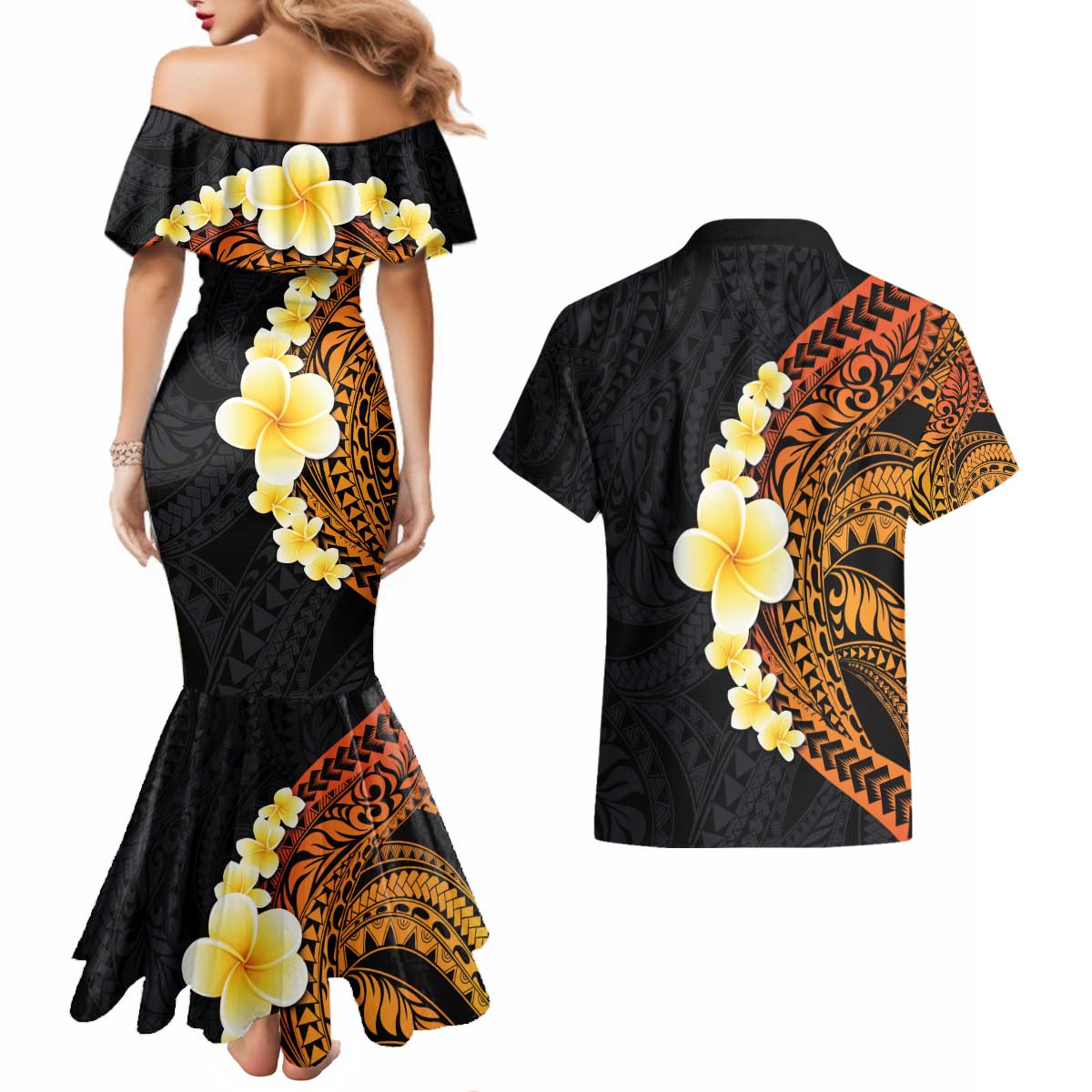Hawaiian Tropical Plumeria Art Polynesian Tattoo Couples Matching Mermaid Dress and Hawaiian Shirt Black and Autumn Color Theme LT03 - Polynesian Pride
