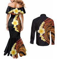 Hawaiian Tropical Plumeria Art Polynesian Tattoo Couples Matching Mermaid Dress and Long Sleeve Button Shirt Black and Autumn Color Theme