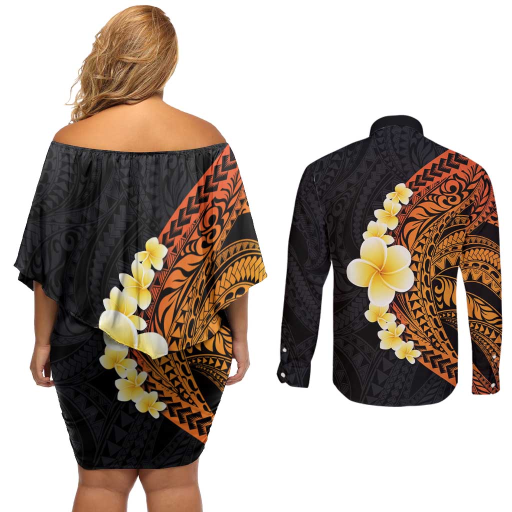 Hawaiian Tropical Plumeria Art Polynesian Tattoo Couples Matching Off Shoulder Short Dress and Long Sleeve Button Shirt Black and Autumn Color Theme