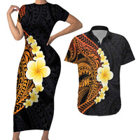 Hawaiian Tropical Plumeria Art Polynesian Tattoo Couples Matching Short Sleeve Bodycon Dress and Hawaiian Shirt Black and Autumn Color Theme LT03 Orange - Polynesian Pride
