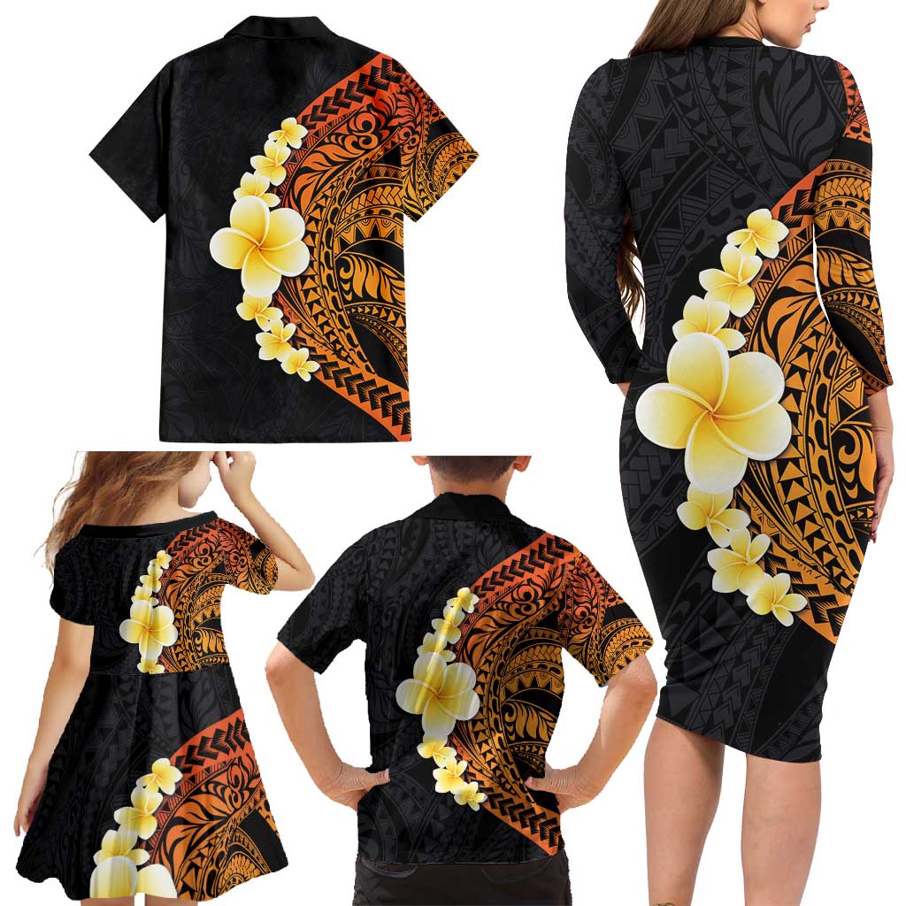 Hawaiian Tropical Plumeria Art Polynesian Tattoo Family Matching Long Sleeve Bodycon Dress and Hawaiian Shirt Black and Autumn Color Theme LT03 - Polynesian Pride