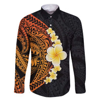 Hawaiian Tropical Plumeria Art Polynesian Tattoo Family Matching Long Sleeve Bodycon Dress and Hawaiian Shirt Black and Autumn Color Theme LT03 Dad's Shirt - Long Sleeve Orange - Polynesian Pride