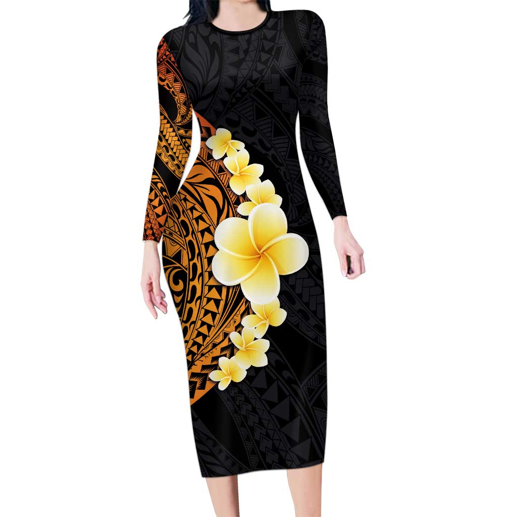 Hawaiian Tropical Plumeria Art Polynesian Tattoo Family Matching Long Sleeve Bodycon Dress and Hawaiian Shirt Black and Autumn Color Theme LT03 Mom's Dress Orange - Polynesian Pride