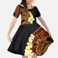 Hawaiian Tropical Plumeria Art Polynesian Tattoo Family Matching Mermaid Dress and Hawaiian Shirt Black and Autumn Color Theme LT03 Daughter's Dress Orange - Polynesian Pride