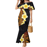 Hawaiian Tropical Plumeria Art Polynesian Tattoo Family Matching Mermaid Dress and Hawaiian Shirt Black and Autumn Color Theme LT03 Mom's Dress Orange - Polynesian Pride