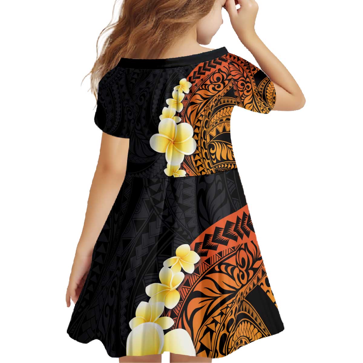 Hawaiian Tropical Plumeria Art Polynesian Tattoo Family Matching Off The Shoulder Long Sleeve Dress and Hawaiian Shirt Black and Autumn Color Theme LT03 - Polynesian Pride