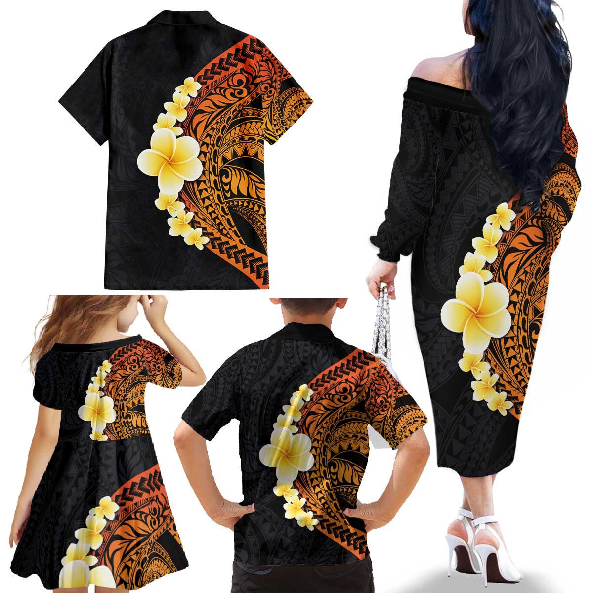 Hawaiian Tropical Plumeria Art Polynesian Tattoo Family Matching Off The Shoulder Long Sleeve Dress and Hawaiian Shirt Black and Autumn Color Theme LT03 - Polynesian Pride