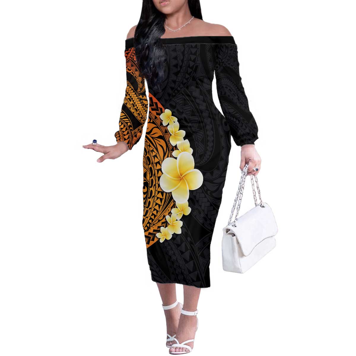 Hawaiian Tropical Plumeria Art Polynesian Tattoo Family Matching Off The Shoulder Long Sleeve Dress and Hawaiian Shirt Black and Autumn Color Theme LT03 Mom's Dress Orange - Polynesian Pride