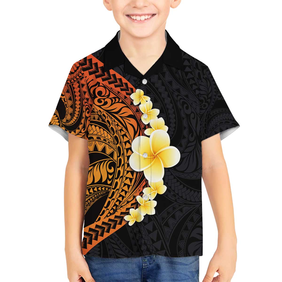 Hawaiian Tropical Plumeria Art Polynesian Tattoo Family Matching Off The Shoulder Long Sleeve Dress and Hawaiian Shirt Black and Autumn Color Theme LT03 Son's Shirt Orange - Polynesian Pride