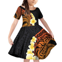 Hawaiian Tropical Plumeria Art Polynesian Tattoo Family Matching Off Shoulder Short Dress and Hawaiian Shirt Black and Autumn Color Theme LT03 Daughter's Dress Orange - Polynesian Pride