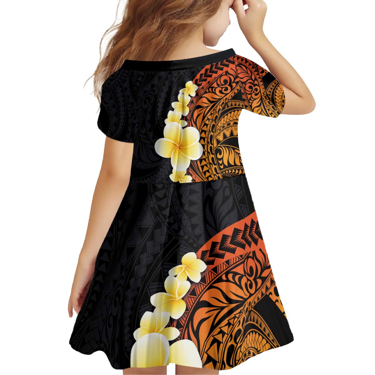 Hawaiian Tropical Plumeria Art Polynesian Tattoo Family Matching Off Shoulder Short Dress and Hawaiian Shirt Black and Autumn Color Theme LT03 - Polynesian Pride