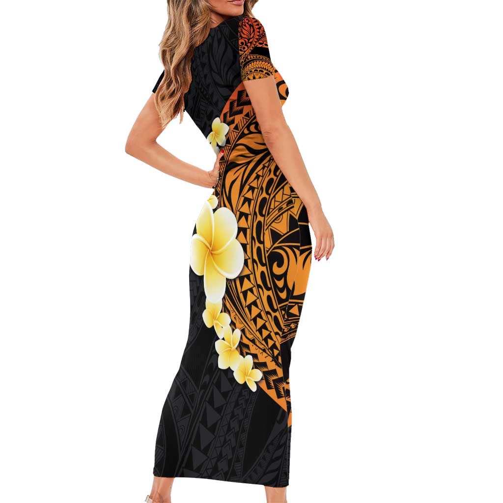 Hawaiian Tropical Plumeria Art Polynesian Tattoo Family Matching Short Sleeve Bodycon Dress and Hawaiian Shirt Black and Autumn Color Theme LT03 - Polynesian Pride