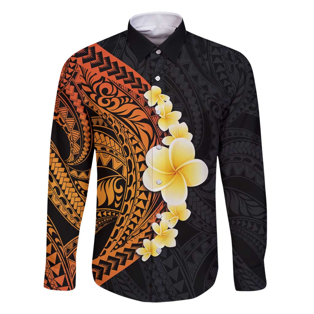 Hawaiian Tropical Plumeria Art Polynesian Tattoo Family Matching Summer Maxi Dress and Hawaiian Shirt Black and Autumn Color Theme LT03 Dad's Shirt - Long Sleeve Orange - Polynesian Pride