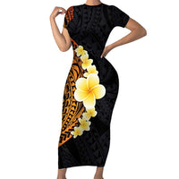 Hawaiian Tropical Plumeria Art Polynesian Tattoo Short Sleeve Bodycon Dress Black and Autumn Color Theme LT03 Long Dress Orange - Polynesian Pride