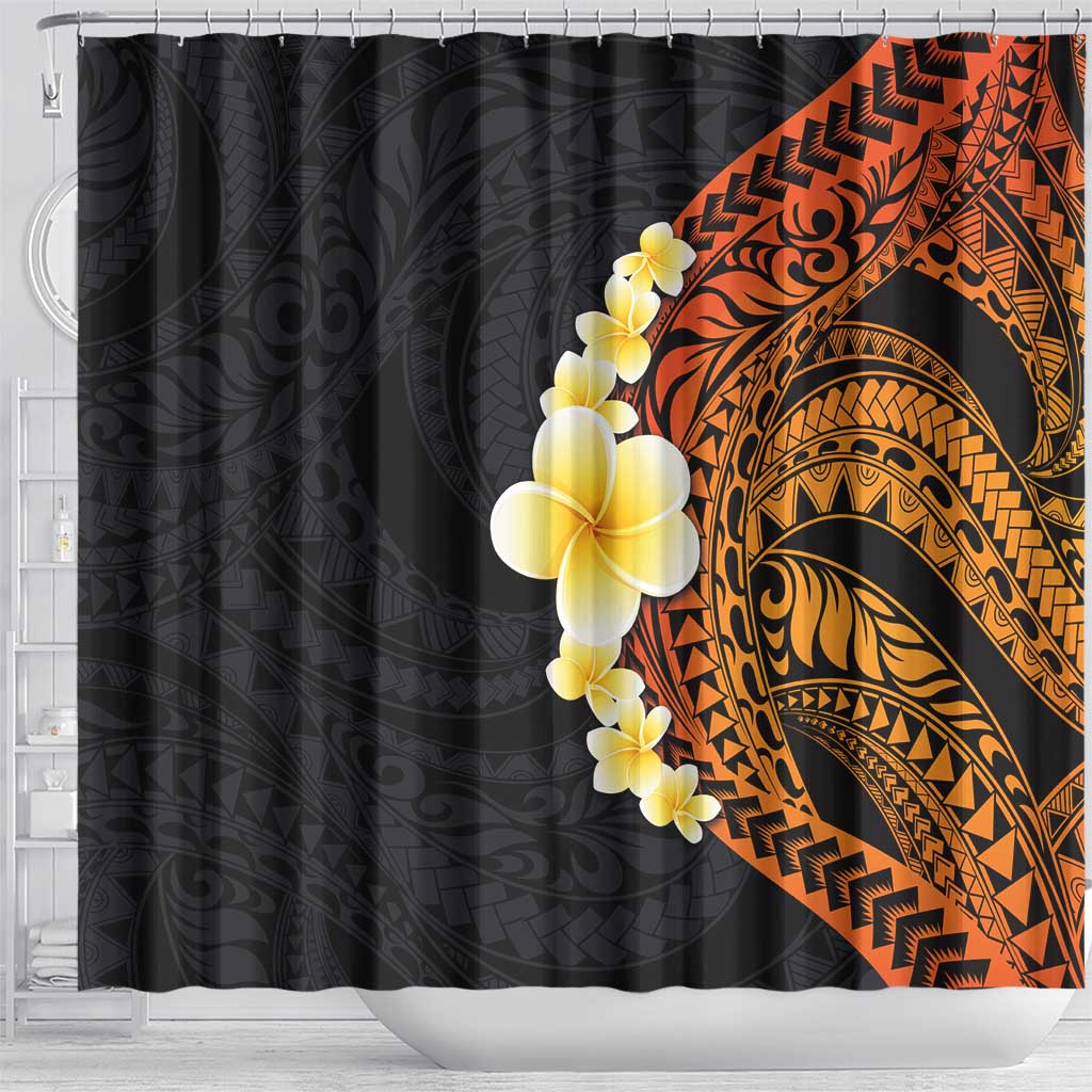 Hawaiian Tropical Plumeria Art Polynesian Tattoo Shower Curtain Black and Autumn Color Theme
