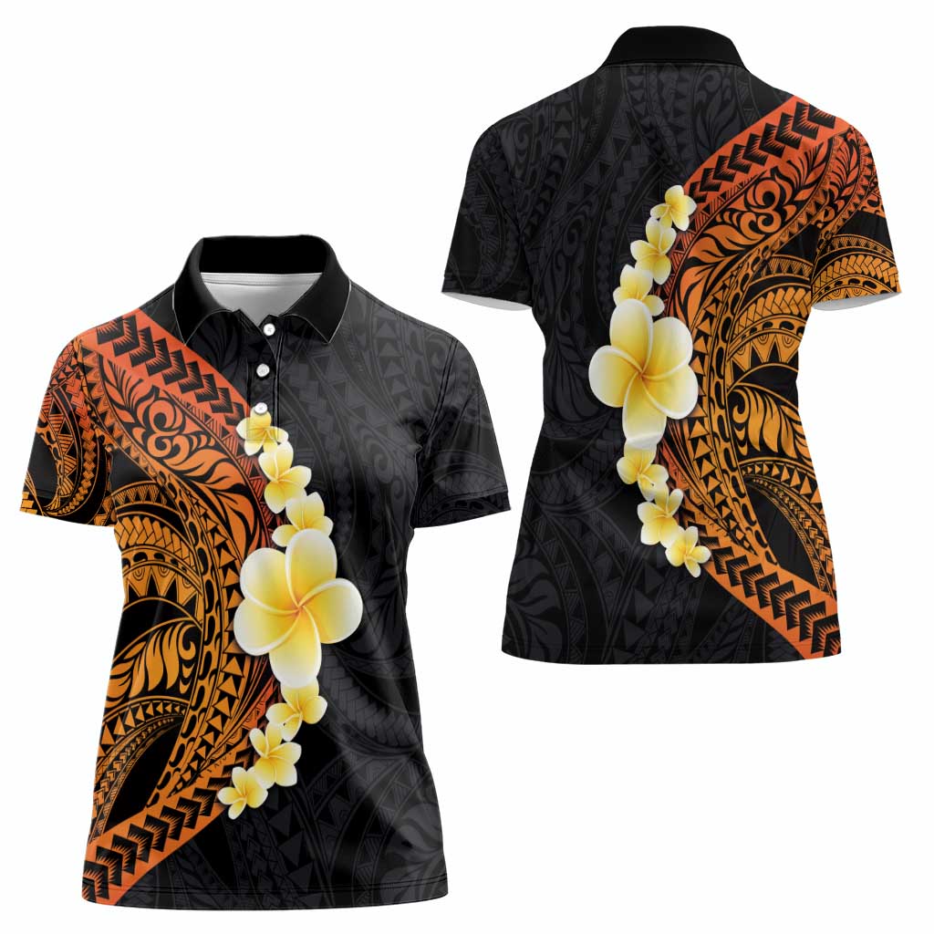 Hawaiian Tropical Plumeria Art Polynesian Tattoo Women Polo Shirt Black and Autumn Color Theme LT03 - Polynesian Pride