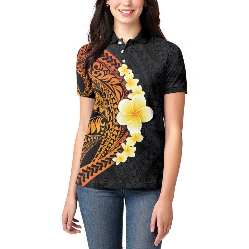 Hawaiian Tropical Plumeria Art Polynesian Tattoo Women Polo Shirt Black and Autumn Color Theme LT03 - Polynesian Pride