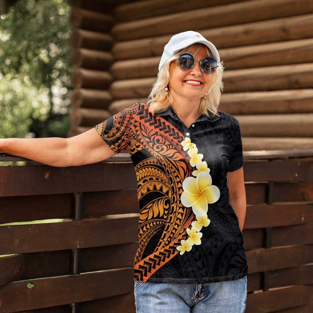 Hawaiian Tropical Plumeria Art Polynesian Tattoo Women Polo Shirt Black and Autumn Color Theme LT03 - Polynesian Pride