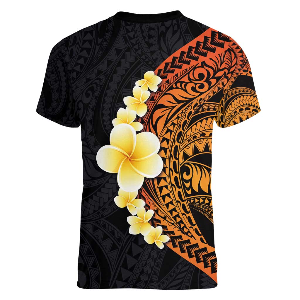 Hawaiian Tropical Plumeria Art Polynesian Tattoo Women V-Neck T-Shirt Black and Autumn Color Theme